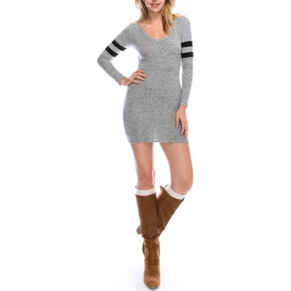 Stretch Knit Deep V Neck Long Sleeve Bodycon Sweater Dress - Picture 2 of 5